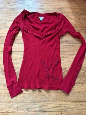 vintage Red Long-Sleeve Waffle Knit Top with Embroidered Eagle